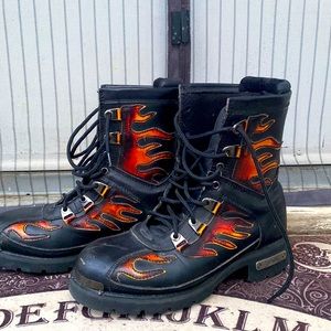 Orange black fire flames shoes men size 10 .Also motorcycles boots.